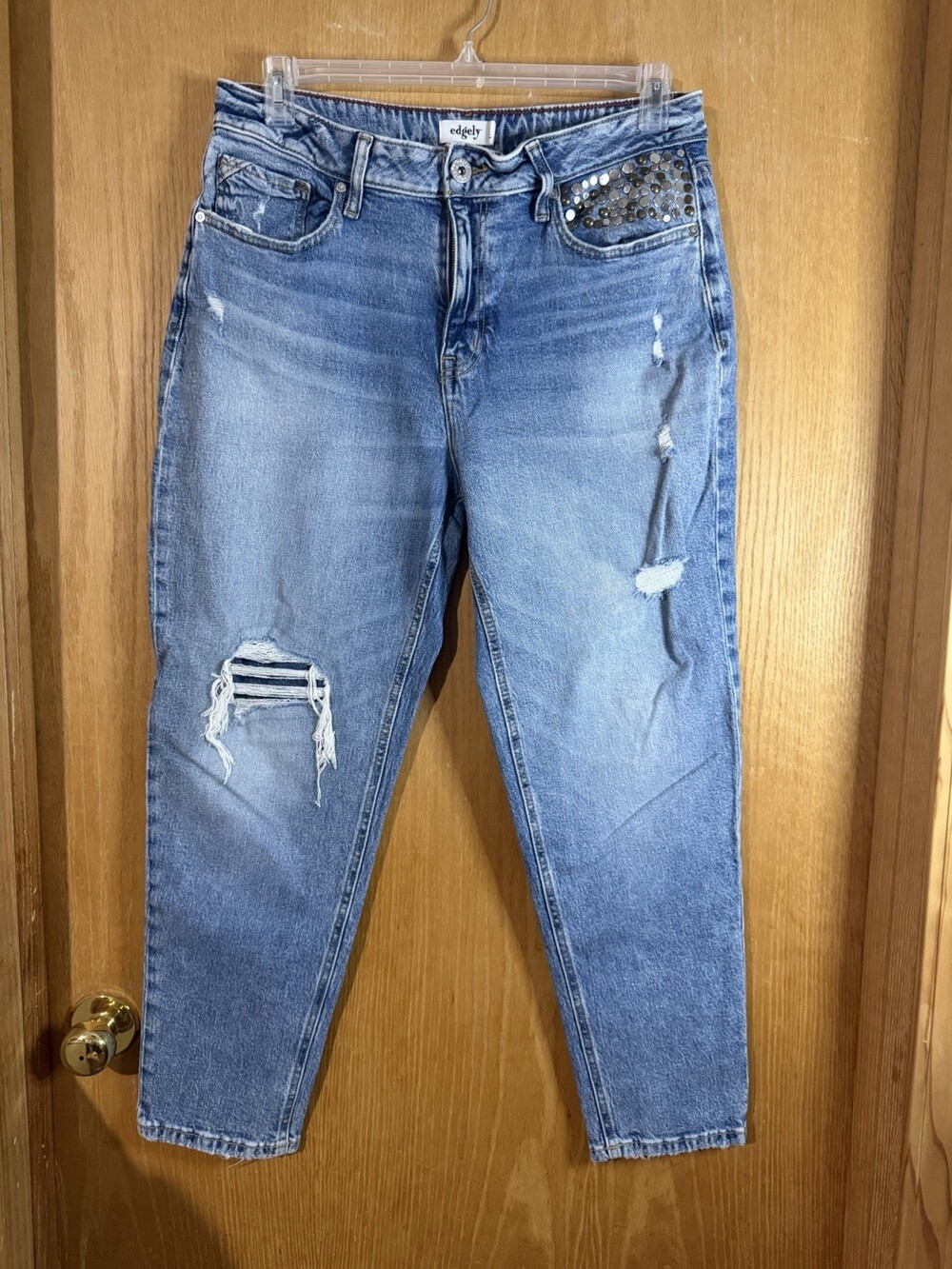 edgely Women’s High Rise 90s Taper Blue Studded Distressed Jeans Size 14